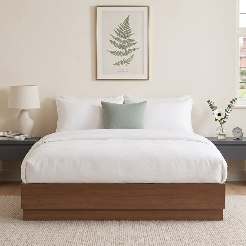 Lit plateforme moderne en bois sans tête de lit avec base étagée et rangement relevable, très grand, brun noyer, Noyer brun