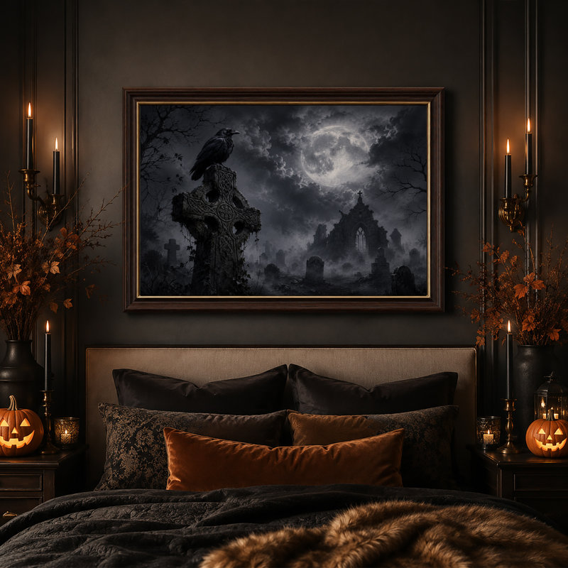Art mural sur toile, "Black Crow on Celtic Cross" Moonlit Graveyard Halloween, H 16 po x l 24 po