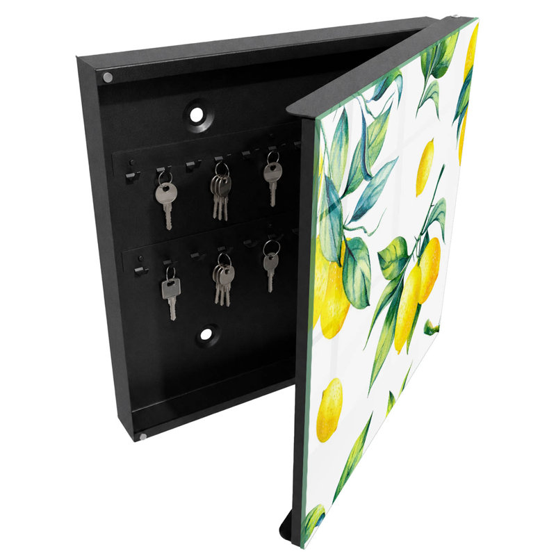 Key box for wall, Opens to the left, 30x30x5, Black, Yellow lemons and green leaves in watercolor, 