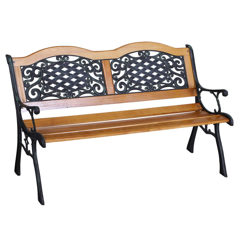Outsunny 50" Outdoor Garden Bench, Patio Bench with Wood Seat, Porch Bench with Antique-Like Flourishes for Backyard, Deck, Lawn, Outside Pool, Teak