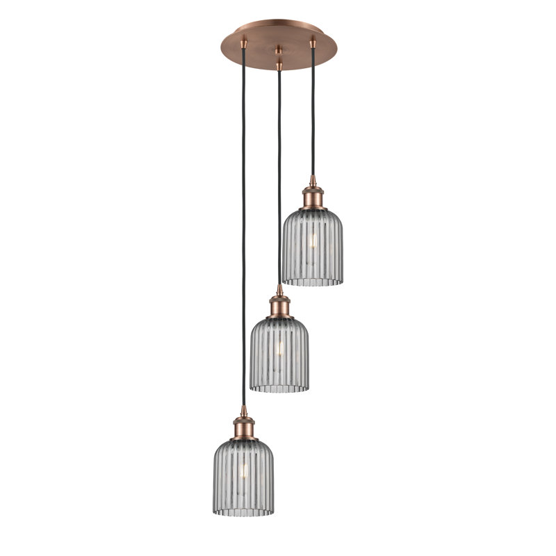 Luminaire suspendu en grappe à 3 lumières Fiennes, Cuivre antique, Gris fumée clair
