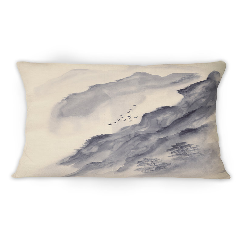 Coussin décoratif gris à motif de montagnes asiatiques grises avec oiseaux