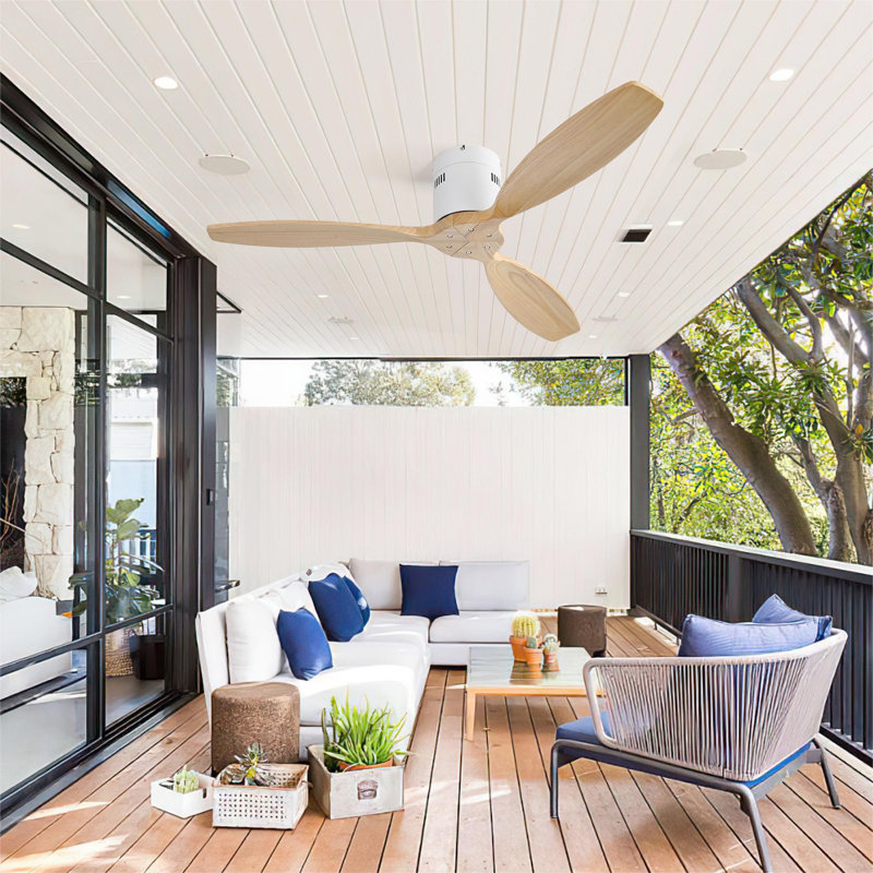 Rachel 52" 3-Solid Blade Propeller Flush Mount Ceiling Fan Without Light, Light Yellow Wood