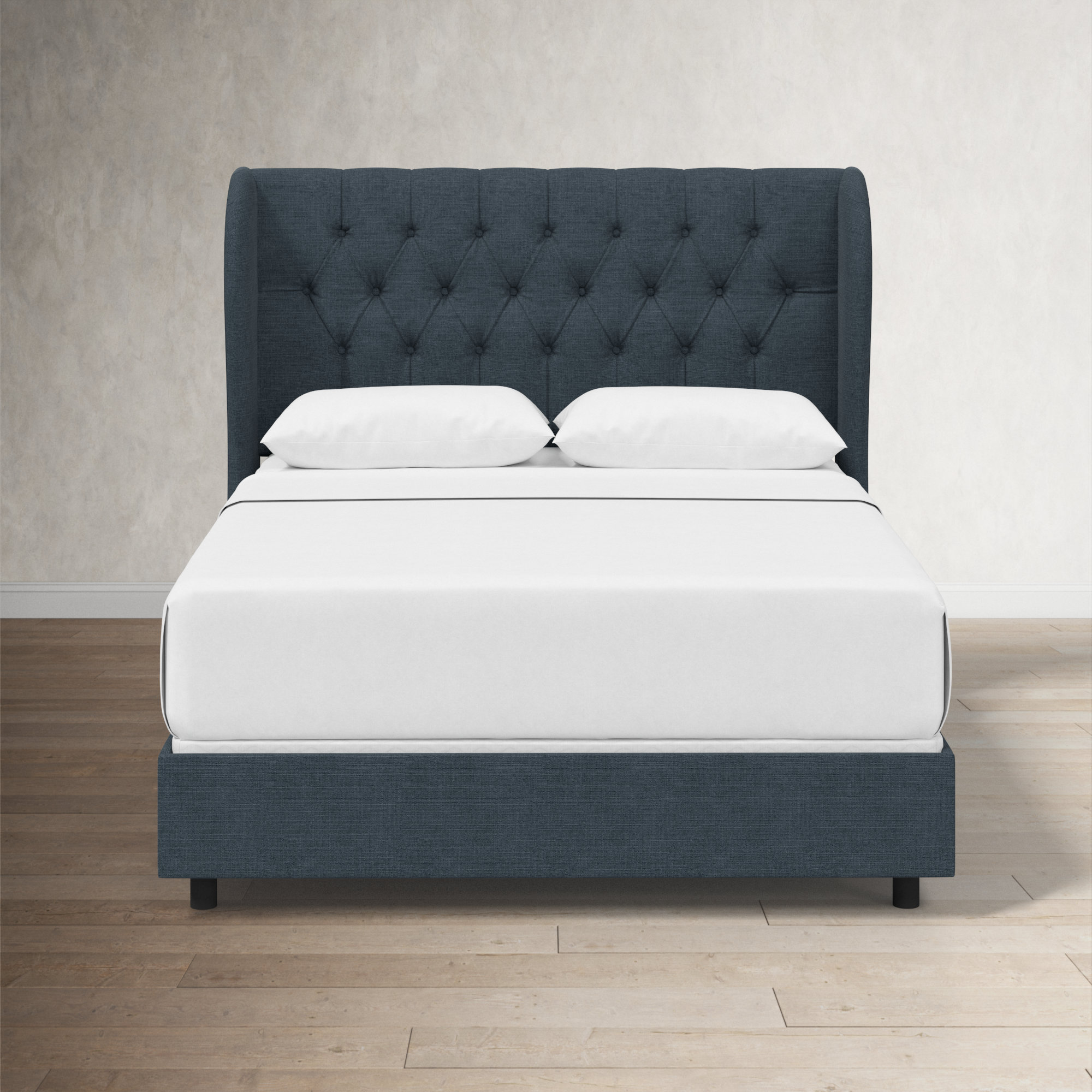 Tomey Upholstered Wingback Bed, Classic Navy Linen, Queen