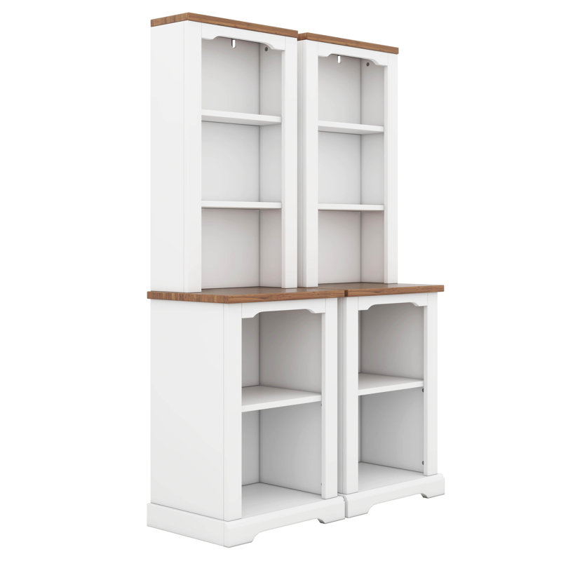 2-Piece Tall Freestanding Cabinet Set With Walnut Top, Open Storage Bookshelf With Curved Design, Anti-Tip Device, White