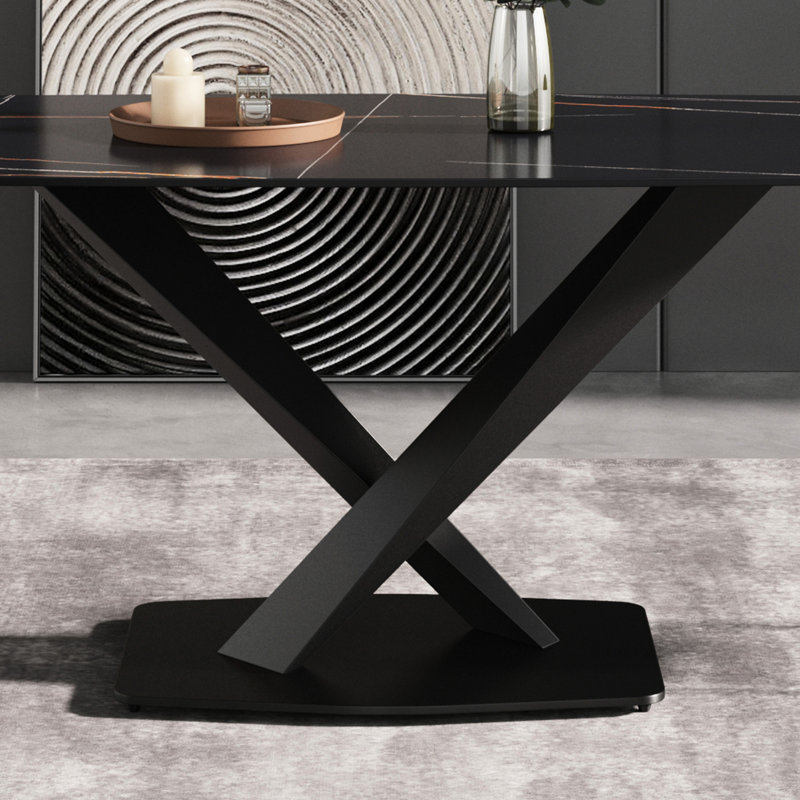 Table de salle à manger rectangulaire moderne en pierre frittée de 63 po avec pieds en métal noir, Scratch, facile à nettoyer, base en fer de 63 po pour 6 personnes, résistance aux hautes températures, sièges