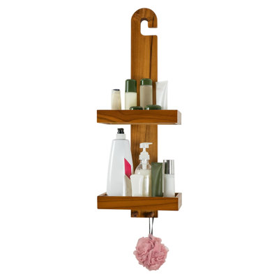 Hanging Shower Caddy with Hooks, Shower Organizer Over Head, 2-Tier Wood Shelf for Bathroom Shampoo, Towels, No Drilling, (Teak)