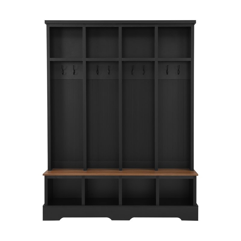 Farmhouse 59"W 3-In-1 Hall Tree - 8 Hooks & Open Compartments For Entryway/Mudroom, Black