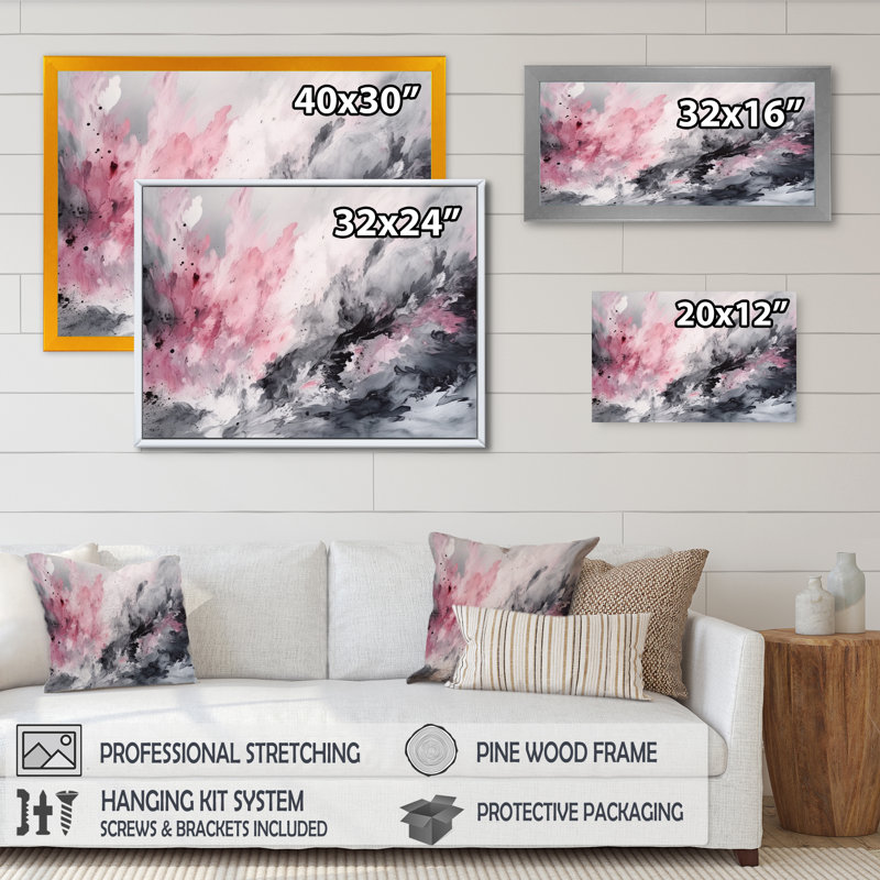 «Evolving In Pink Grey», reproduction sur toile géométrique abstraite, Cadre simple noir, H 16 po x l 32 po x P 1 po