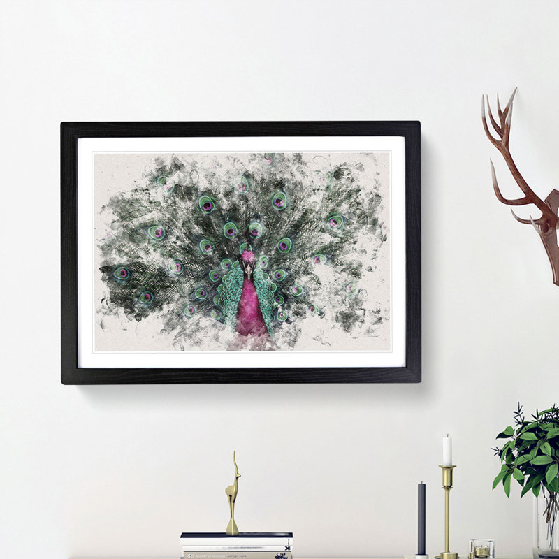 Mesmerising Pink and Green Peacock - Framed Print, 33cm H x 45cm W x 2cm D, Black Framed