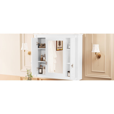 Wall Mounted Bathroom Cabinet With 4 Shelves And Mirror, White, Stable Modern Storage Mirror