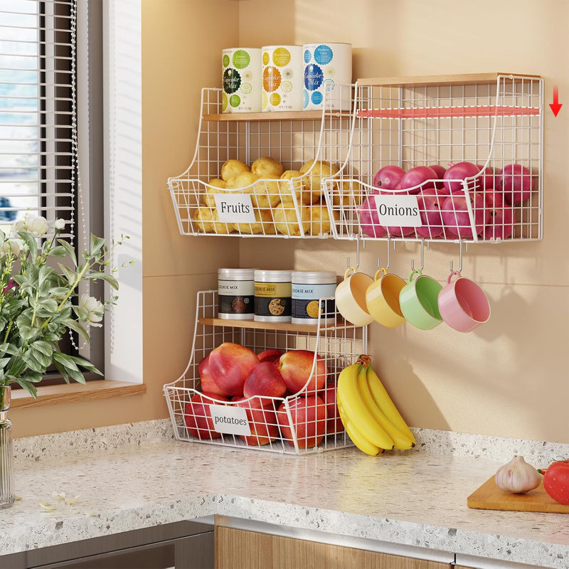 3 Pack Hanging Fruit Basket For Kitchen With Wood Lid - Onion And Potato Storage Fruit Bowl With Nameplate For Counter&wall Mounted, Stackable Storage Basket, Metal Hanging Wire Baskets White