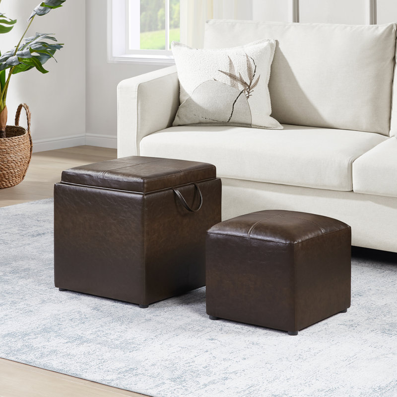 Repose-pieds carré Aihnoa avec tabouret et plateau réversible, Similicuir brun rustique
