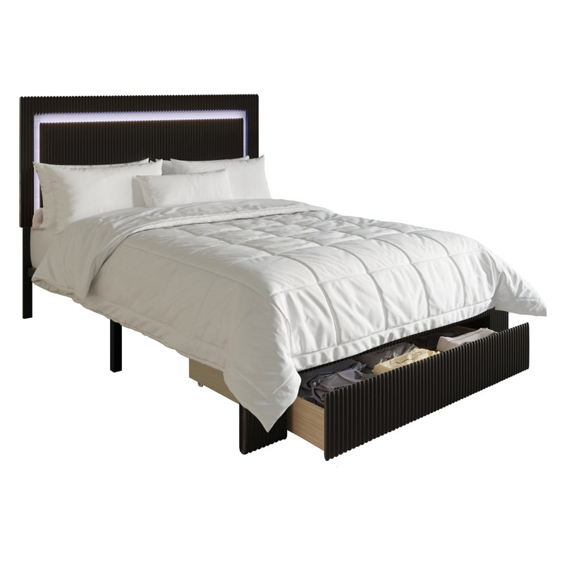 Lit plateforme tapissier avec rangement Gouker, Noir, Simple