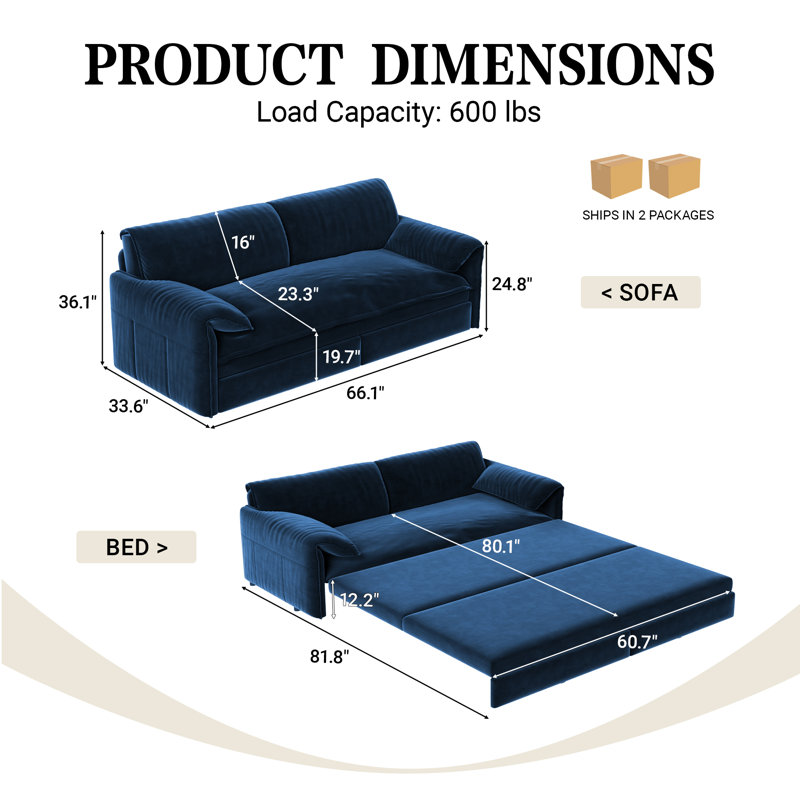 66.1" W Convertible Sofa Bed 3-in-1 Velvet Pull Out Couch Loveseat Queen Size Sleeper With Side Pocket, Blue Velvet