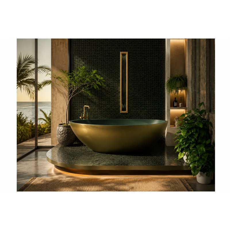 Vast Studio Aged Brass Freestanding Oval Bathtub –  Brass/Green Interior Deep Soaking Solid Surface Tub with Metallic Luxury Finish & Contemporary Spa-Inspired Design