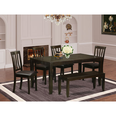 6 Piece Dining Table Set Contains a Rectangle Dining Room Table with Butterfly Leaf and 4 Faux Leather Chairs with a Bench, Cappuccino