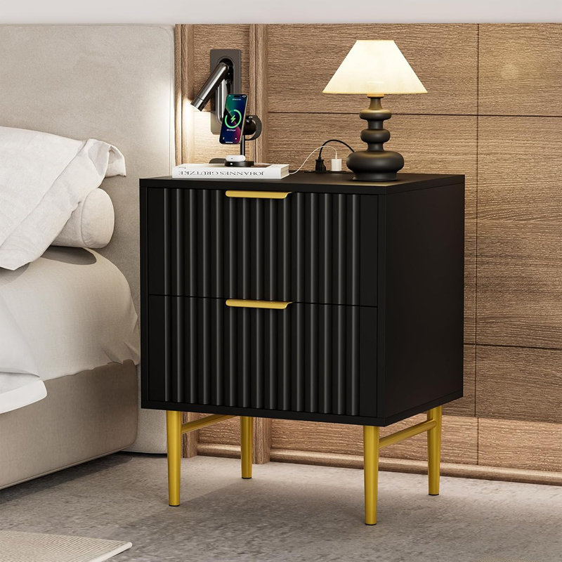 Fluted Nightstand Set Of 2 – Modern Black Bedside Tables With Drawers & Charging Station, Gold Legs