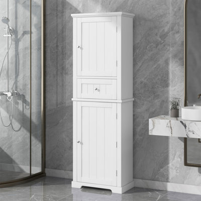 Grande armoire de rangement pour salle de bain avec tiroir et tablette réglable, panneau de fibres à densité moyenne durable avec finition peinte pour un entretien facile