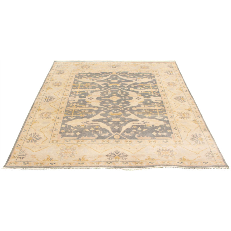 Tapis décoratif en laine de conception unique noué à la main New Age Ushak beige/gris 8 pi 3 po x 9 pi 8 po