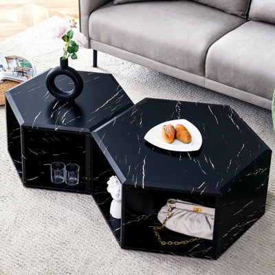 Tables basses contemporaines hexagonales - look moderne noir et blanc, table de rangement multifonctionnelle style duo minimaliste, construction, pratique