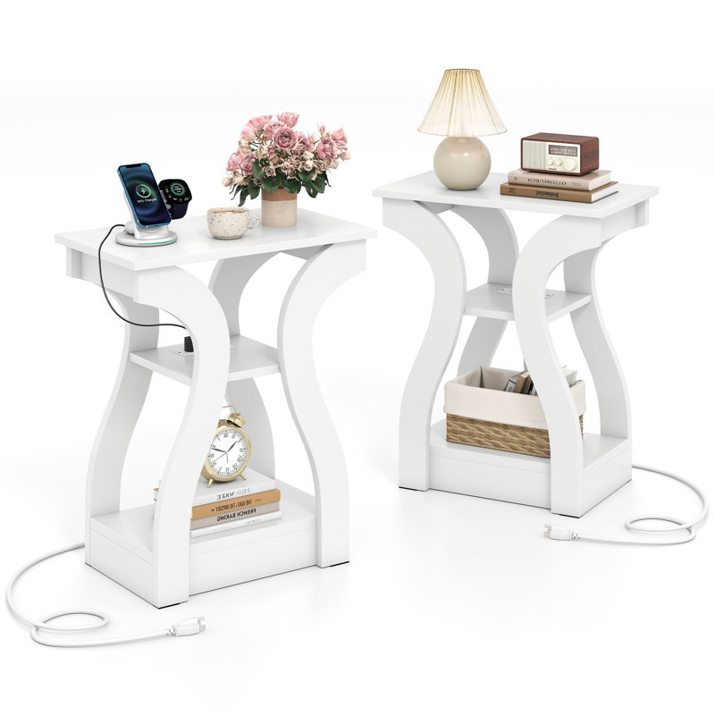 End Tables w/Charging Station Set of 2 3-Tier Side Tables w/USB Ports & Outlets, Cherry