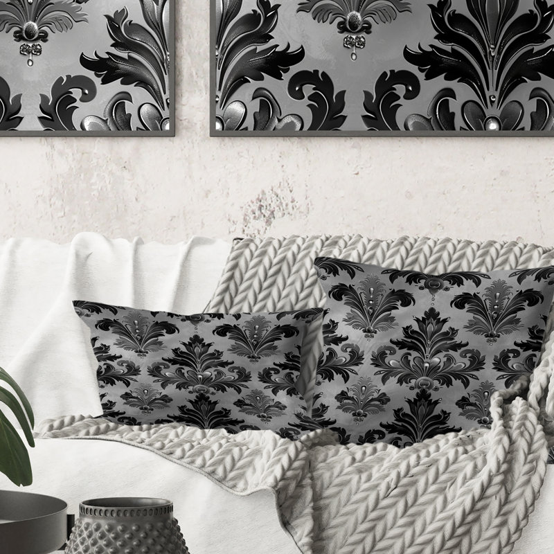 Coussin décoratif damassé Glam, H 16 po x l 16 po, Gris / Noir