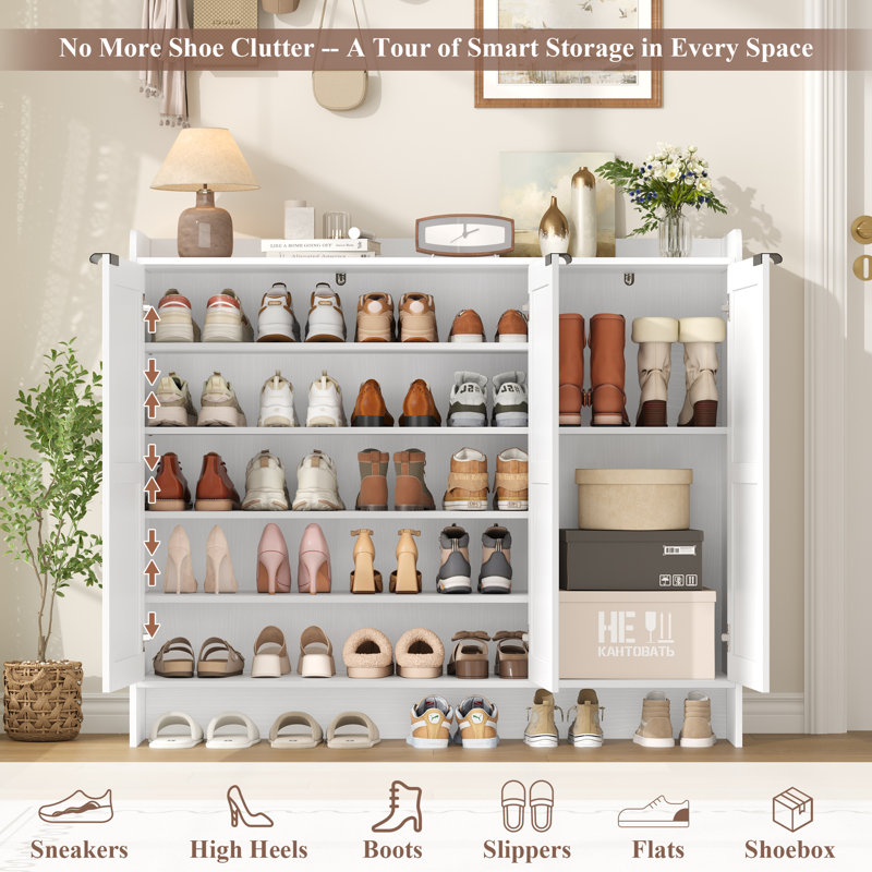 30-Pair Shoe Cabinet With 6-Tier, Adjustable Shelves & Boot Compartment, White Wood