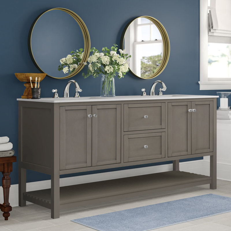 Binne 72'' Double Bathroom Vanity with Top, Weathered Gray, Engineered White