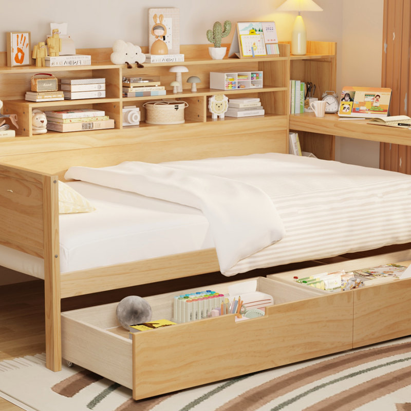 Lit de jour en bois avec tablettes de rangement, lit multifonctionnel avec deux tiroirs de rangement et bureau d'étude (lit de jour)