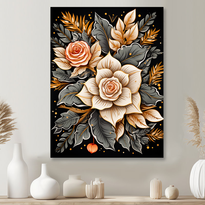 Rose blanche, feuilles dorées, rétro, illustration, roses, art mural, salon, Métal métal, H 32 po x l 24 po x P 1 po