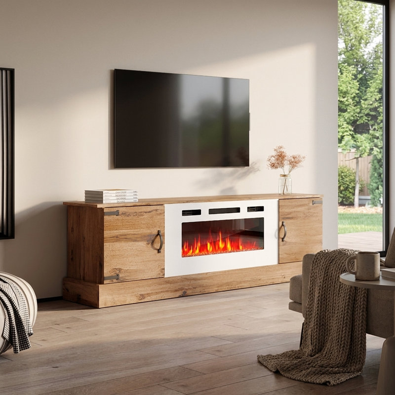 Horus 78.7" Modern TV Stand with Electric Fireplace, Matte Finish, Media Storage, Oldwood/White 