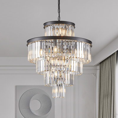 Lustre en cristal de luxe 24 po avec finition noire - Élégant luminaire suspendu à 5 niveaux à 15 niveaux pour le salon, la salle à manger ou le vestibule (ampoule non incluse)