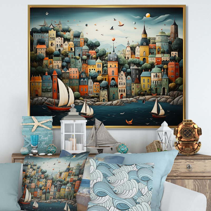 Coastal Dream Harbor Hues - Imprimé, Cadre flottant doré, H 16 po x l 32 po x P 1 po