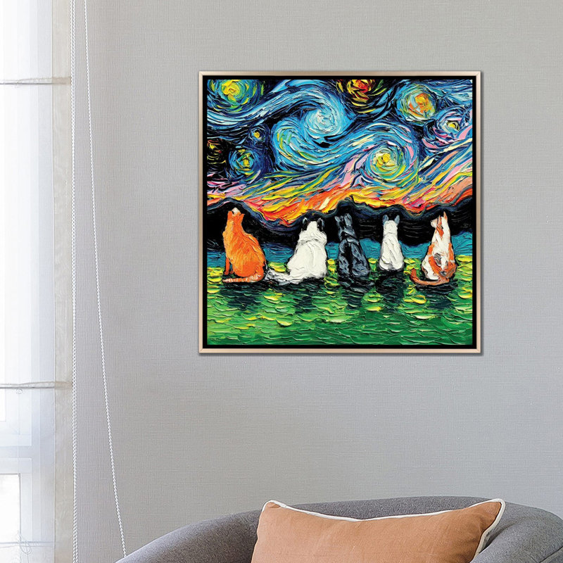 «Starry Cats» par Aja Trêves - reproduction d'art sur, H 26 po x l 26 po x P 1,5 po, Encadrement champagne