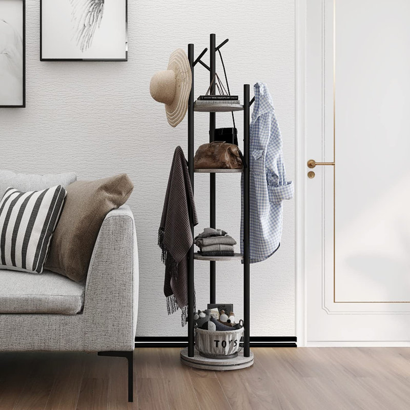 Rotary Coat Rack Freestanding Metal Coat Hall Tree Stand With 4 Tiers Storage Display Shelf And 9 Hooks For Entryway Bedroom Corner Office Garment Clothes Holder
