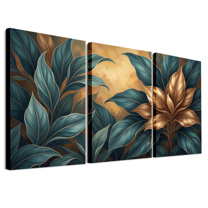 Ensemble de 3 toiles murales à motif de feuilles tropicales turquoise et or, H 30 po x l 20 po x 3 pièces