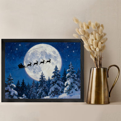 Black Framed Vintage Christmas Fantasy Flying Santa Claus Wall Art Retro Style Framed Prints
