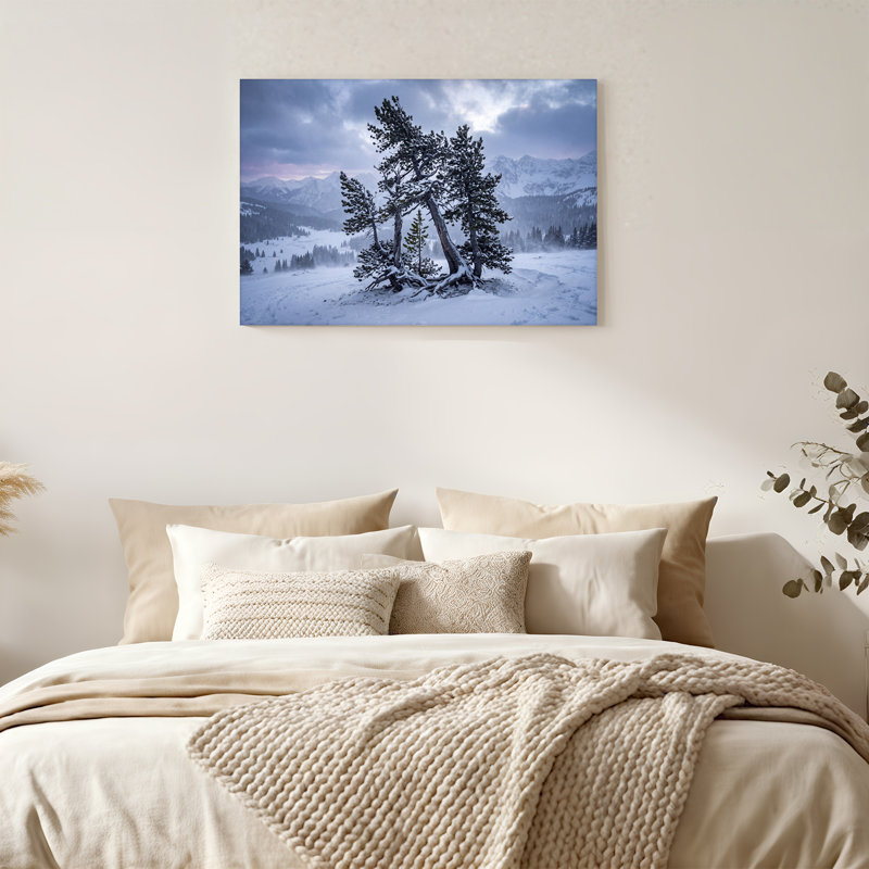 Neige recouverte de pin, paysage de montagne en toile sur toile d'hiver, 32"H x 48"W