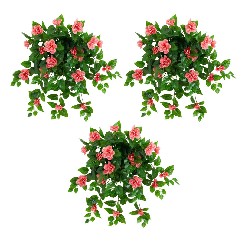 24 po Plante suspendue azalée artificielle résistante aux rayons UV (intérieur / extérieur) - ensemble de 3, Rose