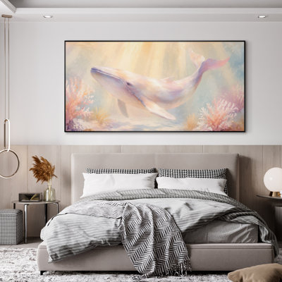 Très grand art mural imprimé sur toile de baleine pastel avec lumière océan douce et fond corail pour le salon ou la chambre à coucher «Assemblage requis (cadre non fini)»