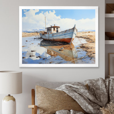 Red And White Winter Fishing Boat Tranquility IV - Minimalism Wall Art