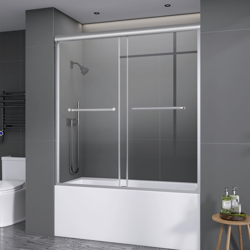 Porte de baignoire coulissante double demi-cadre avec verre transparent l 56 "x H 62" x H 56 ", Nickel brossé