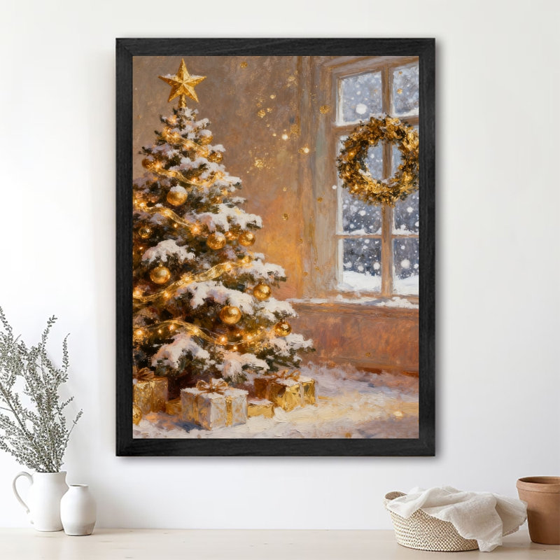 Reproduction d'art encadré noir, arbre de Noël et cadeaux d'hiver rétro, H 37 po x l 25 po