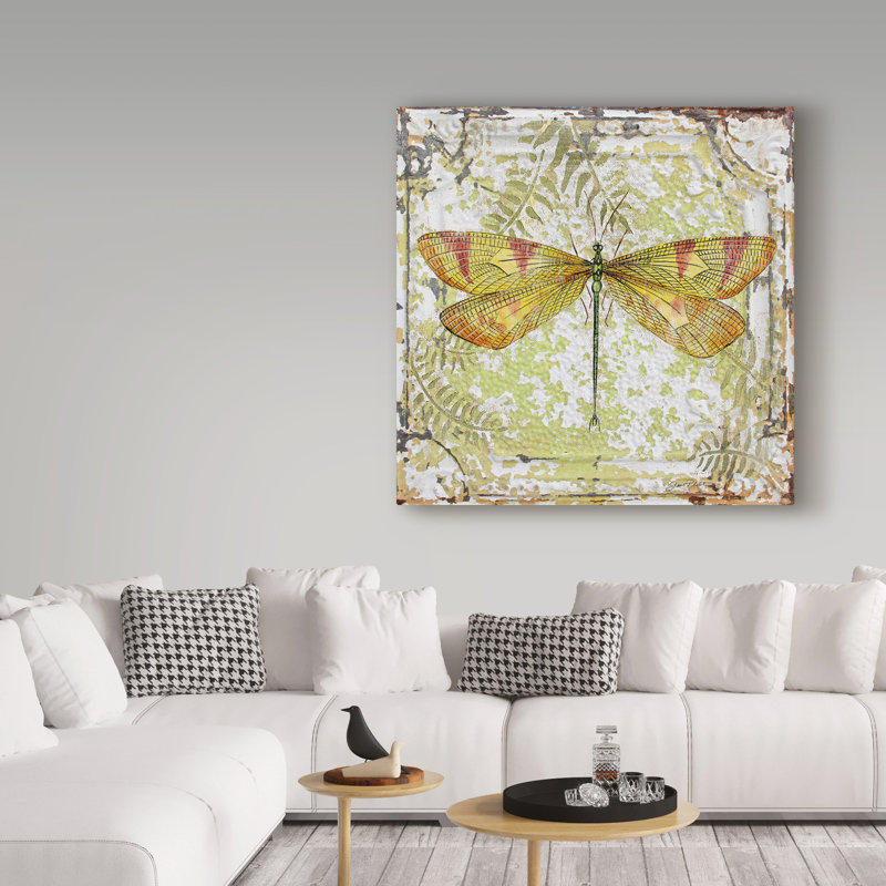 «Wraped Canvas Wall Art» par Jean Plout «Dragonfly On Tin Tile 1», art mural pour salon, chambre à coucher ou bureau - 14 x 14