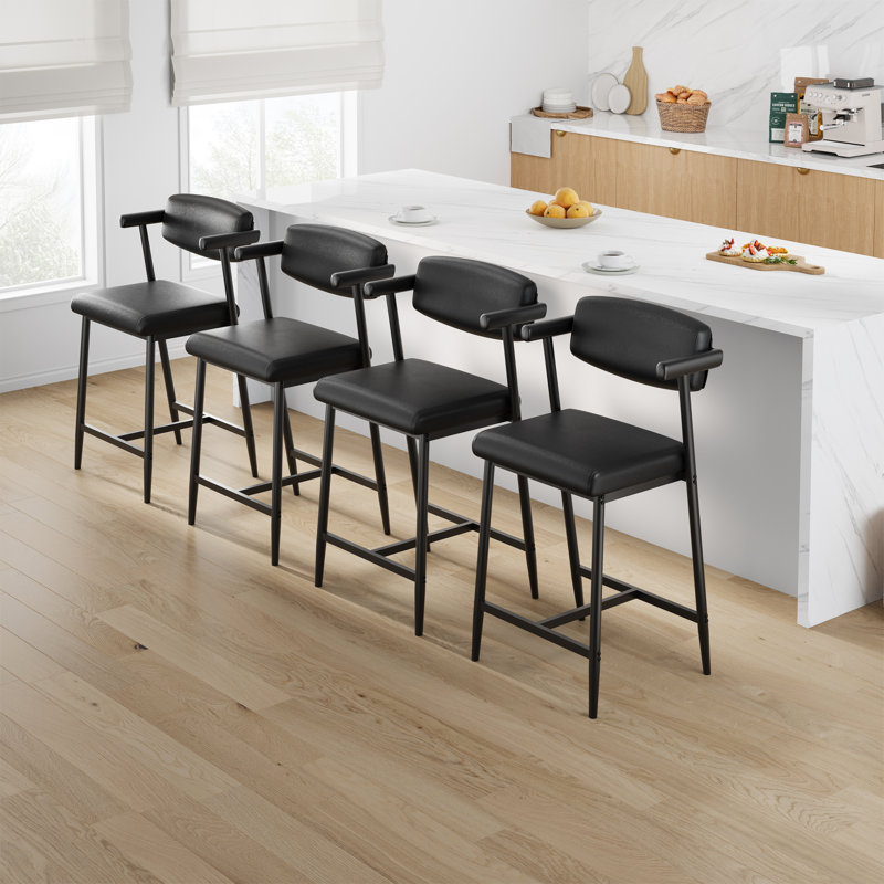 Bar Stools Set of 4 with Armrests, Counter Height Bar Stools Set with Footrest & Soft Back, Metal Barstools Set with Wide Upholstered Seat for Kitchen Islands, Counter Bars, Rustic Black