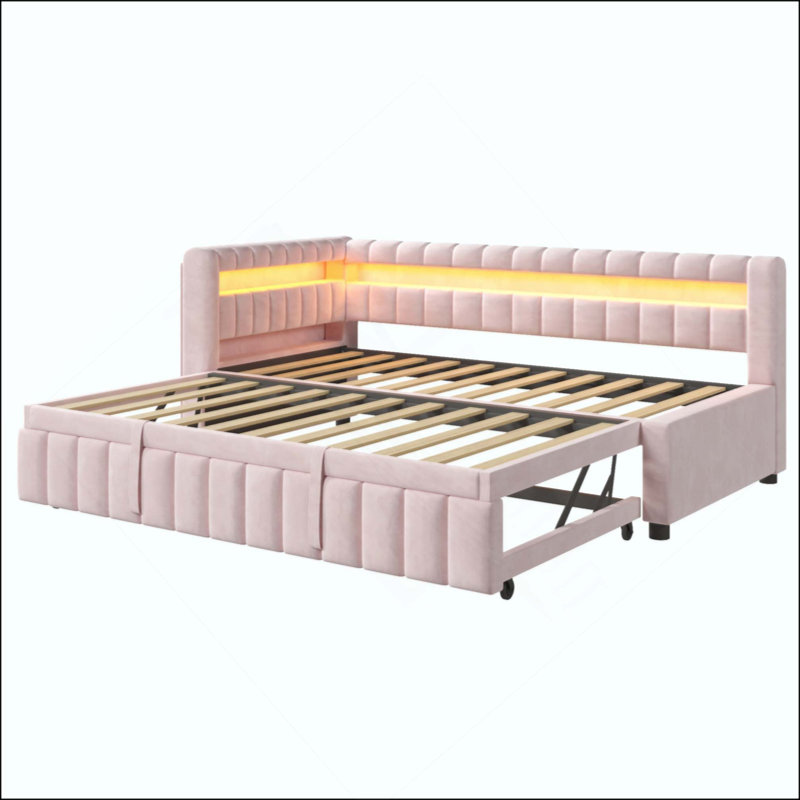 Lit de jour rembourré avec lumières DEL, USB et lit gigogne escamotable, Rose