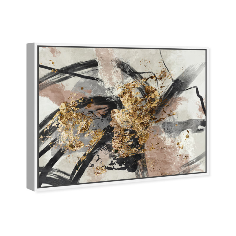 Éclat d'or abstrait métallique moderne - peinture encadrée, H 16 po x l 20 po, Cadre flottant blanc
