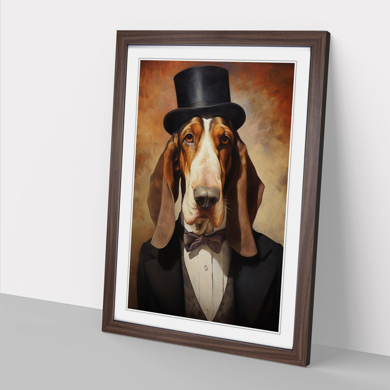 Basset Hound Impressionism - Single Picture Frame Print on Wood, Walnut Framed, 46cm H x 34cm W
