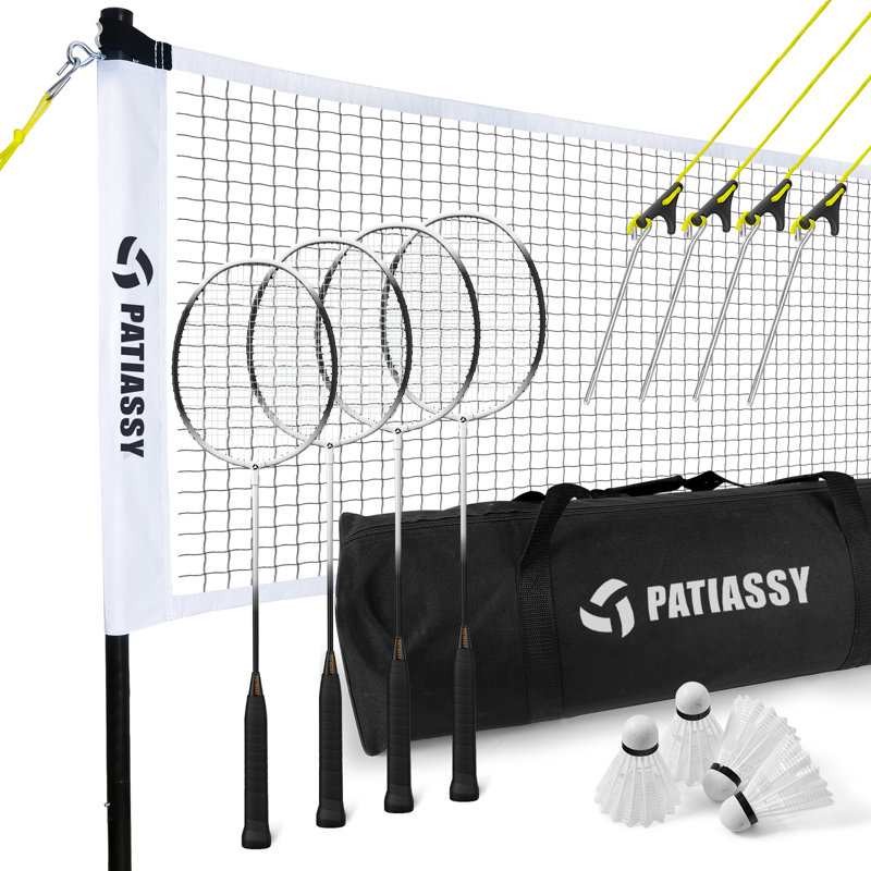 Patiassy Badminton Sets with Net, with 4 Carbon Aluminum Badminton Rackets 2 Badminton Shuttlecocks, White
